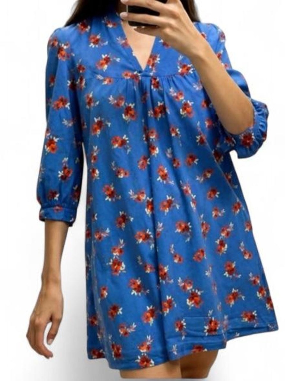 Zara Blue Floral V-Neck Mini Dress with Red Accents